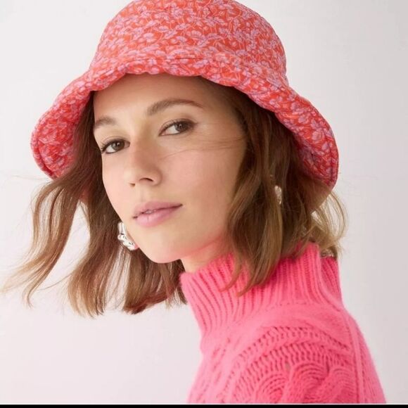 J CREW Liberty fabric puffer bucket hat with primaloft coral Toutouayette print - Picture 8 of 8